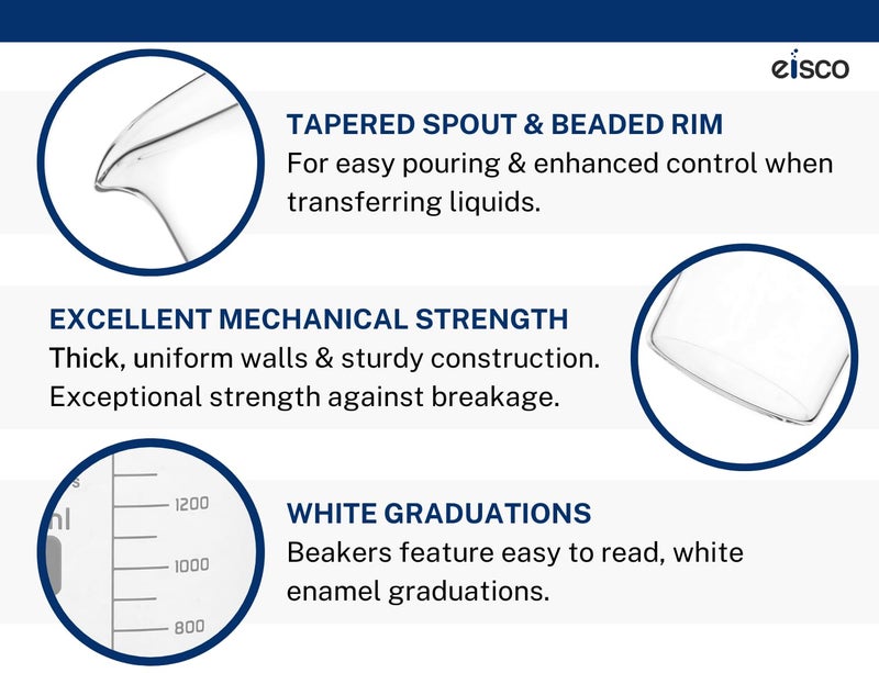 EISCO Heavy Duty Beaker, 50ml - 2.2mm Thick, Uniform Walls - Superior Durability & Chemical Resistance - White Graduations - Borosilicate 3.3 Glass - Image 4